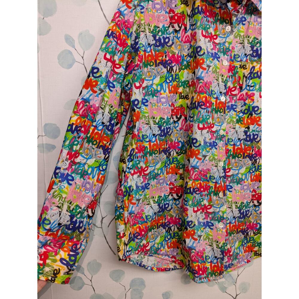 APNY Women's S Long Sleeve Button Up Blouse Rainbow Love Grafitti Print Artsy - Picture 8 of 10